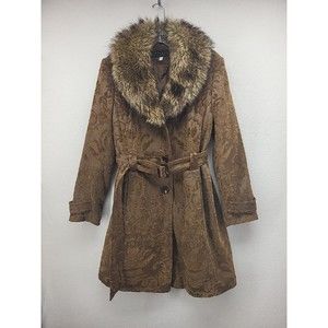 giacca Womens Coat Brown Large Tapestry Jacquard Faux Fur Removable Collar Lined